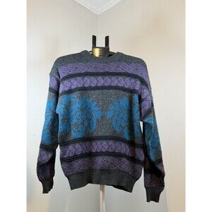 Vintage Saturdays Sweater Men M Blue Purple Floral Pattern Knit Grandpa Acrylic